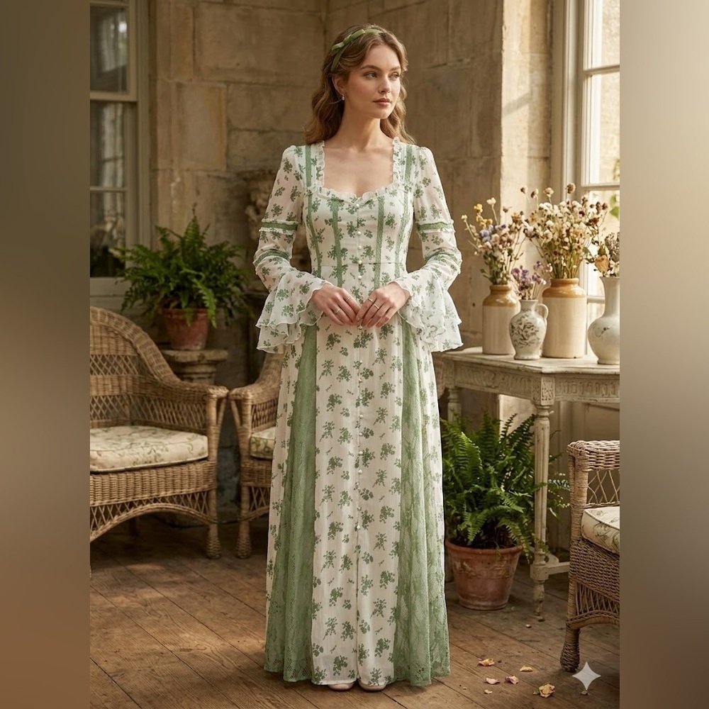 Reclaimed Vintage / ASOS - Green and White Floral Long Sleeve Dress